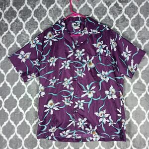 Vintage Hilo Hattie Shirt Men Large Purple Hawaiian Floral Aloha Orchids USA